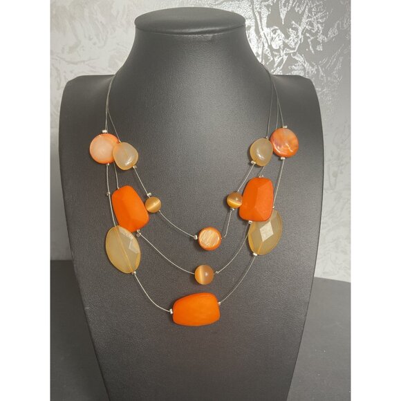 Three-Strand Orange & Beige Beaded Necklace With Lobster Clasp - Picture 1 of 5